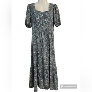 EUC Bohemian Dress Tie-Back Square Neck Puff Sleeve Ruffled Hem Summer Maxi